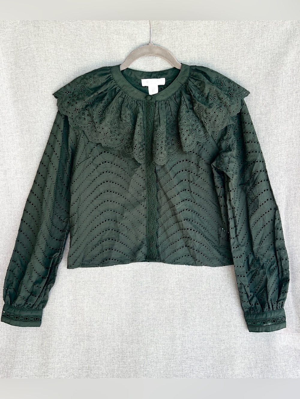 Caroline Constas Boho eyelet lace ruffled long sleeve blouse dark forest green S
